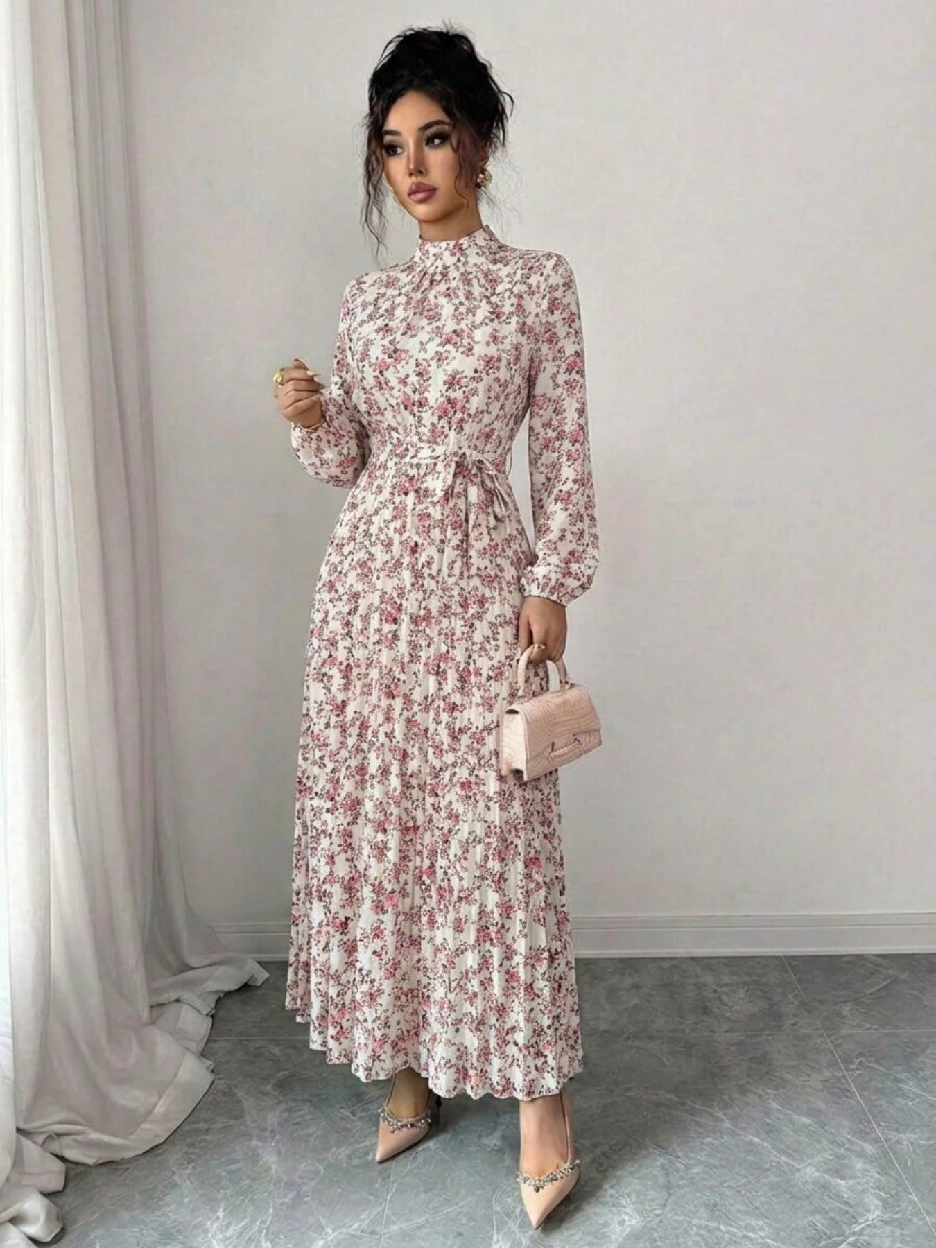 Spring Fall Floral Print Stand Collar Dress Women's Long Sleeve Zipper Front Self-Tie Waist Pleated Midi Dress