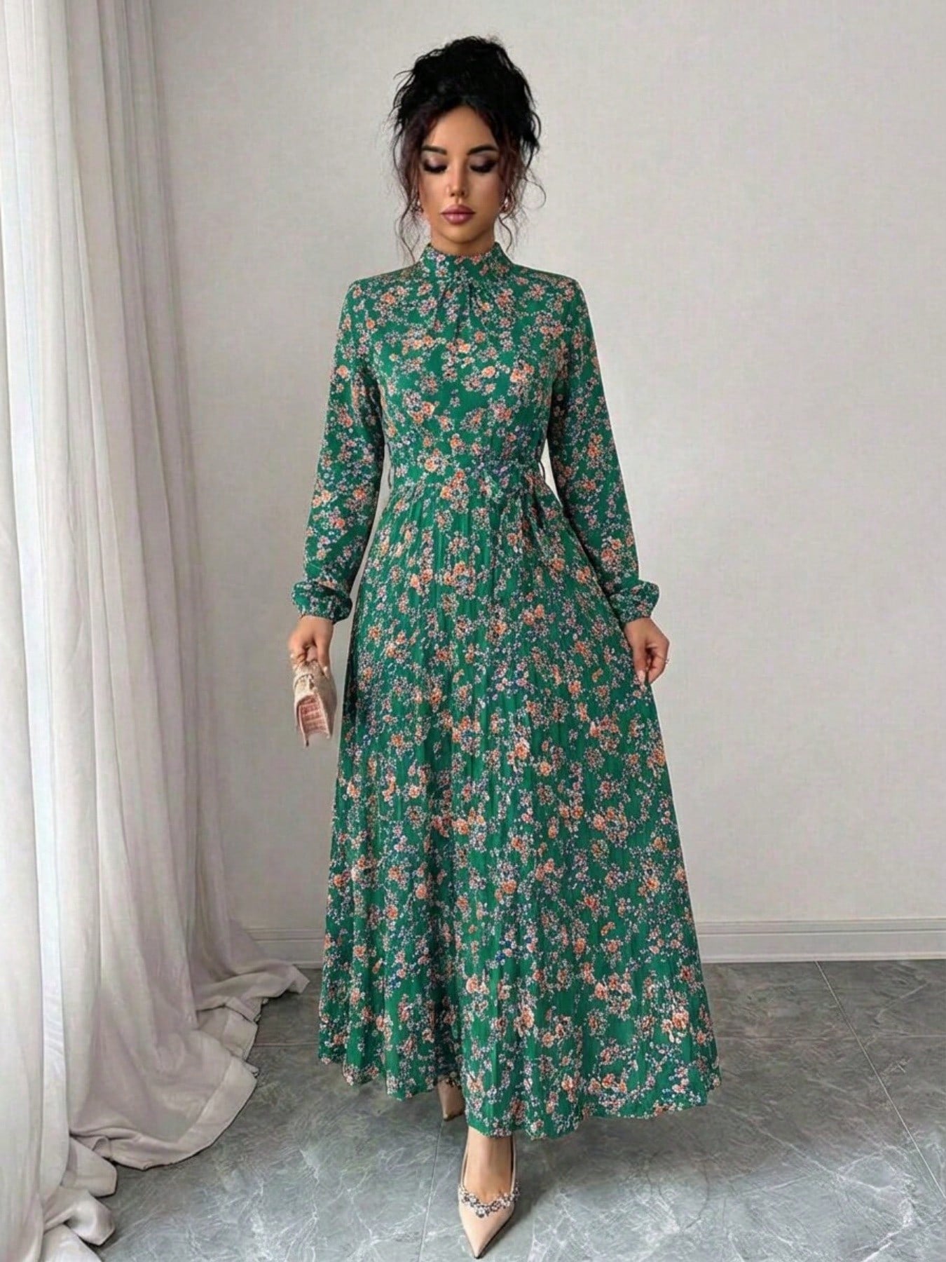 Spring Fall Floral Print Stand Collar Dress Women's Long Sleeve Zipper Front Self-Tie Waist Pleated Midi Dress
