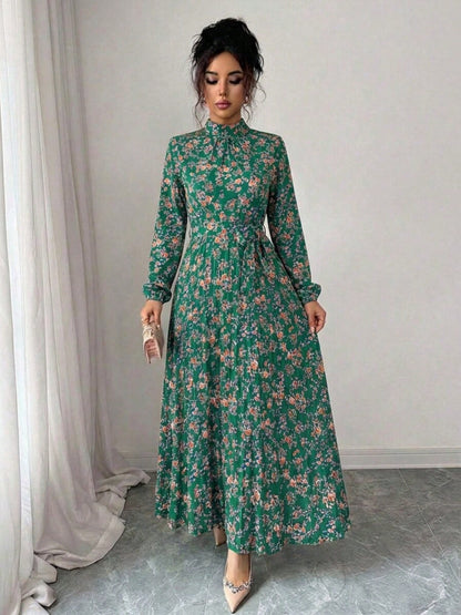 Spring Fall Floral Print Stand Collar Dress Women's Long Sleeve Zipper Front Self-Tie Waist Pleated Midi Dress