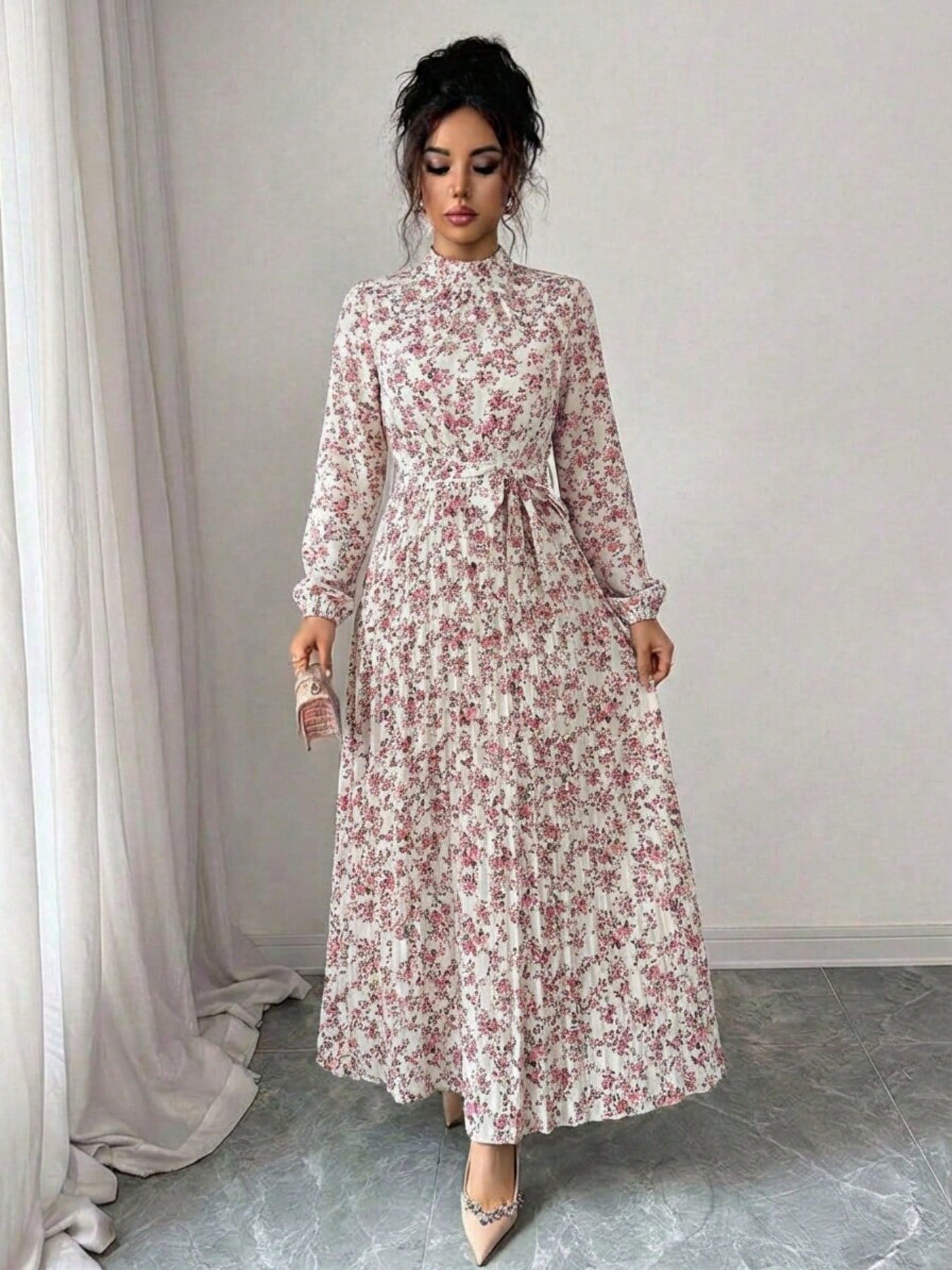 Spring Fall Floral Print Stand Collar Dress Women's Long Sleeve Zipper Front Self-Tie Waist Pleated Midi Dress