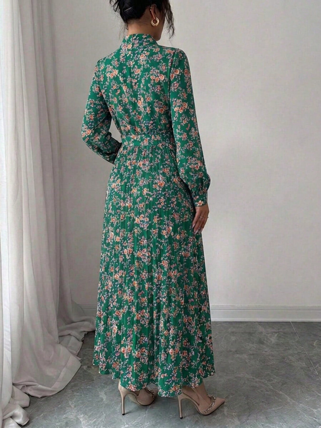 Spring Fall Floral Print Stand Collar Dress Women's Long Sleeve Zipper Front Self-Tie Waist Pleated Midi Dress