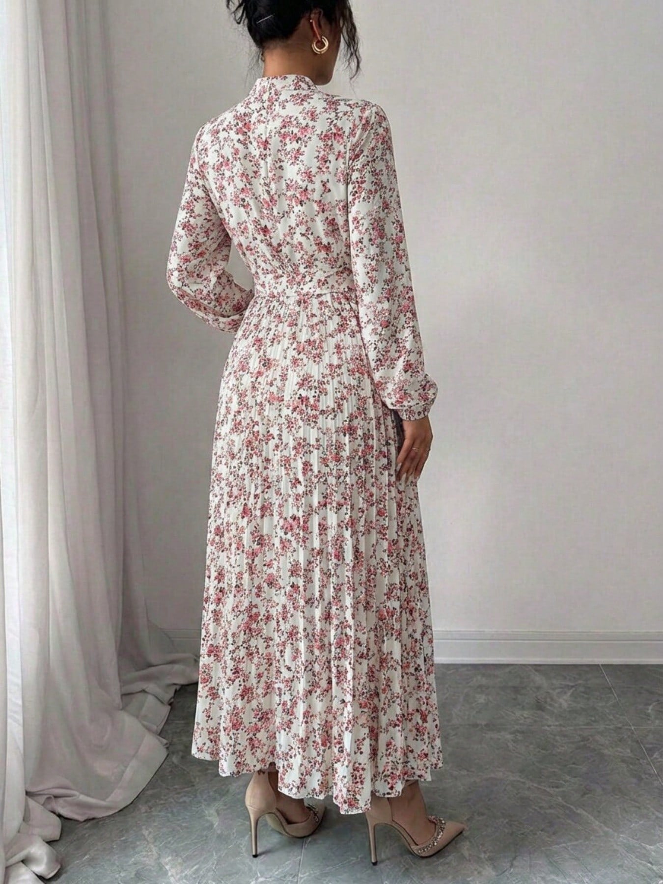 Spring Fall Floral Print Stand Collar Dress Women's Long Sleeve Zipper Front Self-Tie Waist Pleated Midi Dress