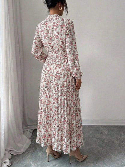 Spring Fall Floral Print Stand Collar Dress Women's Long Sleeve Zipper Front Self-Tie Waist Pleated Midi Dress