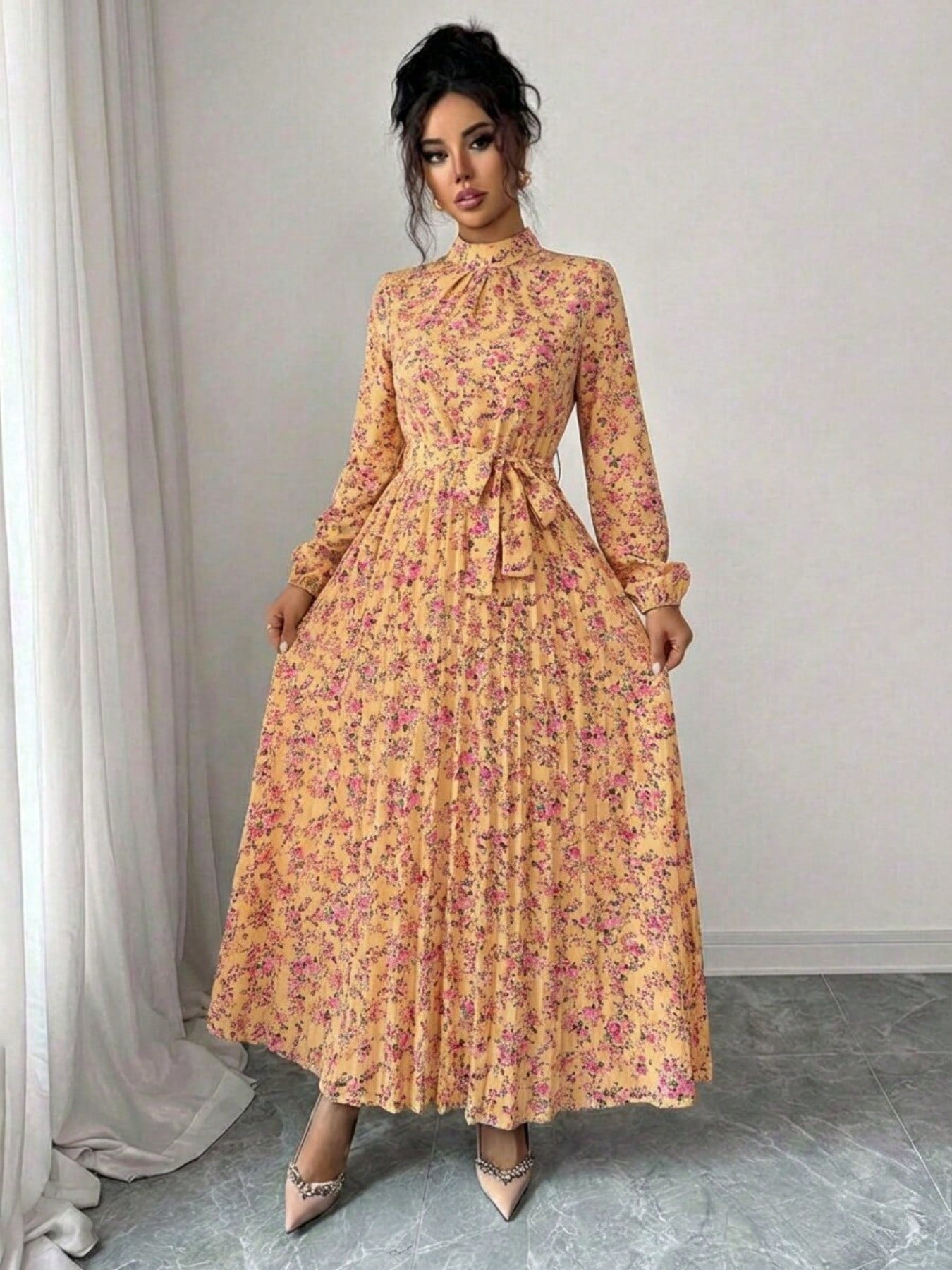 Spring Fall Floral Print Stand Collar Dress Women's Long Sleeve Zipper Front Self-Tie Waist Pleated Midi Dress
