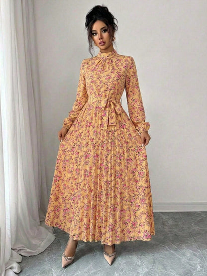 Spring Fall Floral Print Stand Collar Dress Women's Long Sleeve Zipper Front Self-Tie Waist Pleated Midi Dress