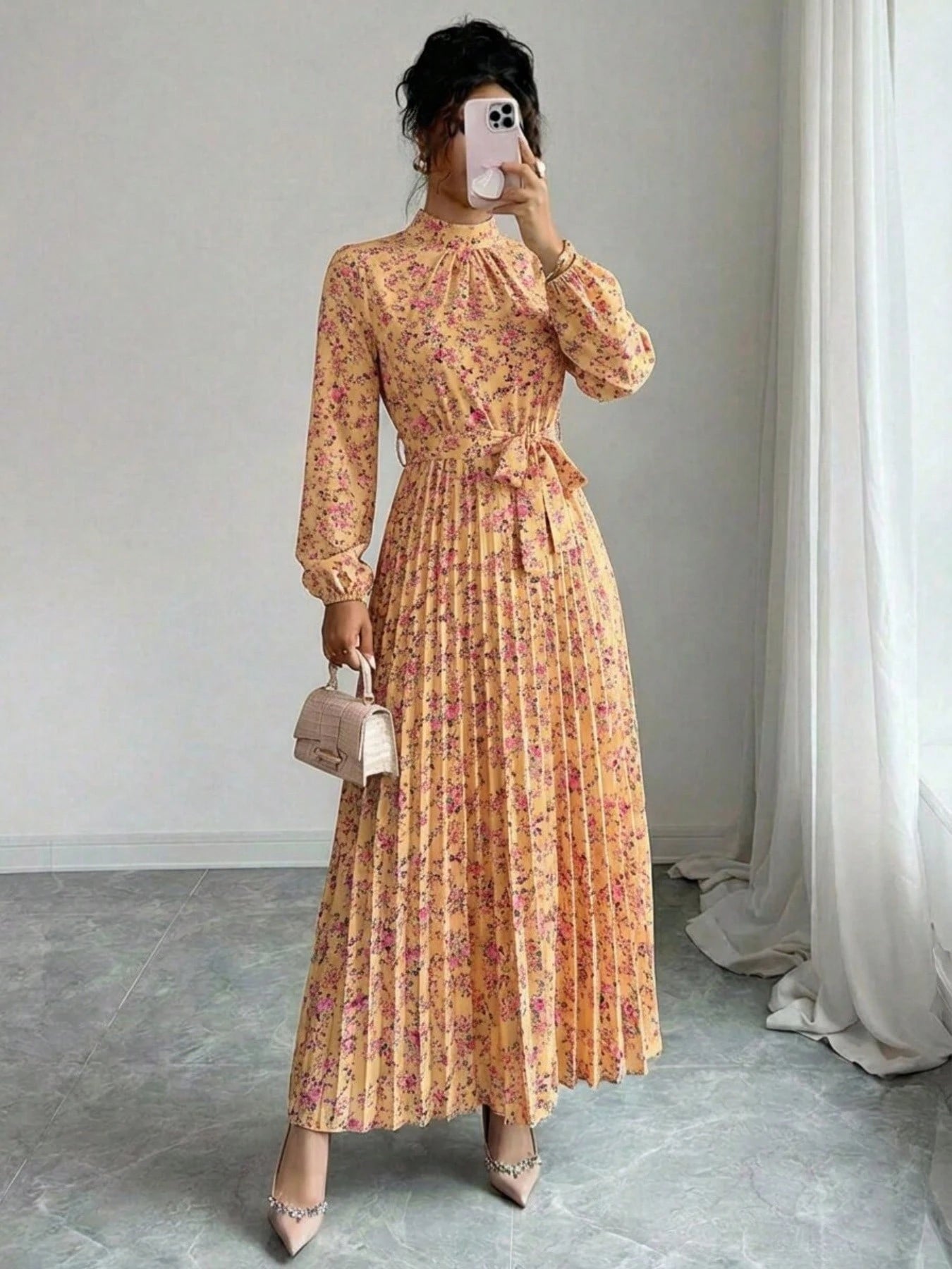 Spring Fall Floral Print Stand Collar Dress Women's Long Sleeve Zipper Front Self-Tie Waist Pleated Midi Dress