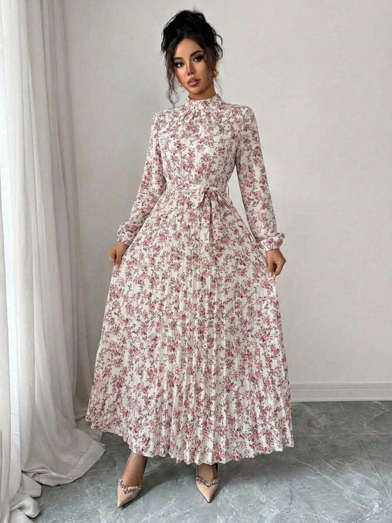 Spring Fall Floral Print Stand Collar Dress Women's Long Sleeve Zipper Front Self-Tie Waist Pleated Midi Dress