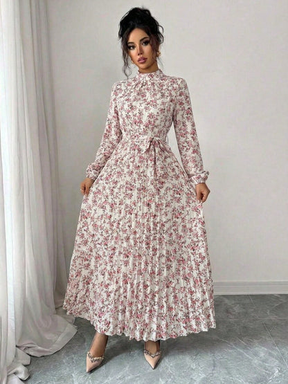 Spring Fall Floral Print Stand Collar Dress Women's Long Sleeve Zipper Front Self-Tie Waist Pleated Midi Dress