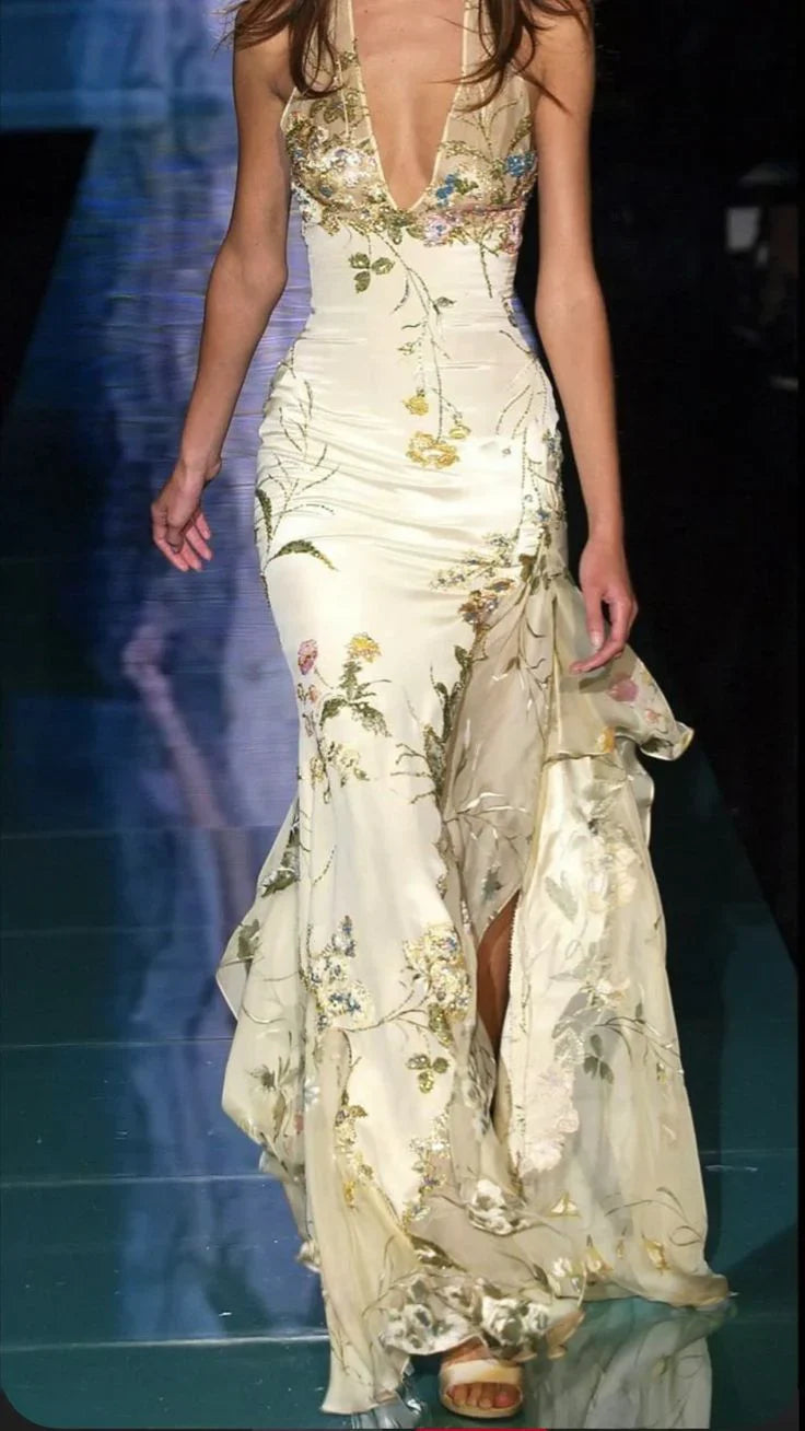 Spring Floral Halter Mermaid Prom Dress - Embroidery Organza Evening Gown