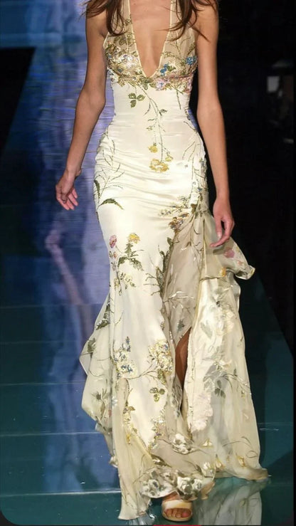 Spring Floral Halter Mermaid Prom Dress - Embroidery Organza Evening Gown