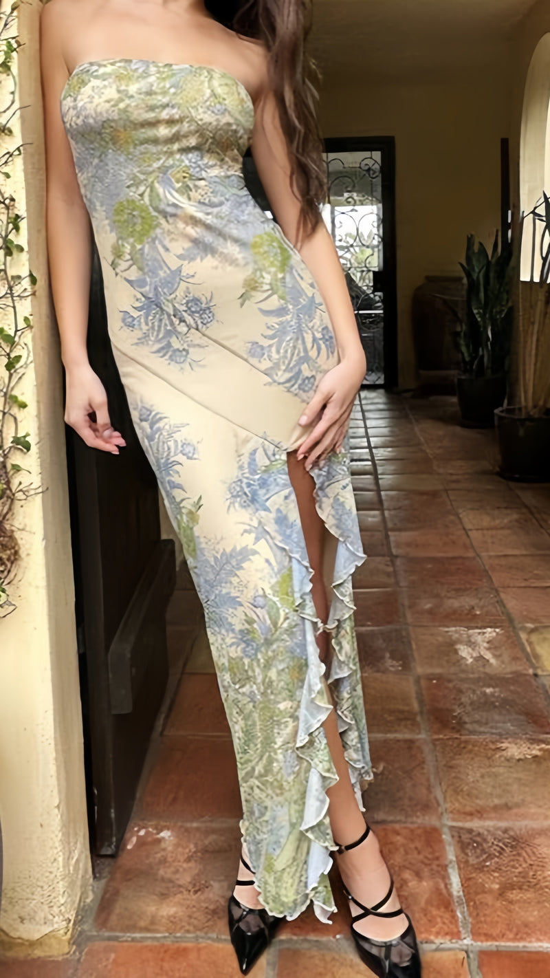 Spring Floral Strapless Prom Dresses Sheath Bodycon Party Evening Dress, AST2057