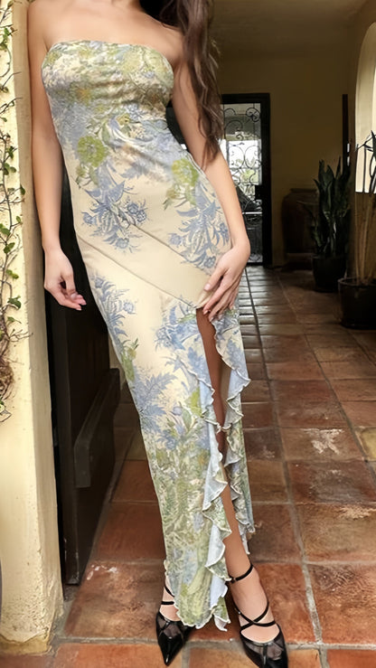 Spring Floral Strapless Prom Dresses Sheath Bodycon Party Evening Dress, AST2057