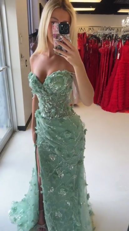Spring Green Floral Prom Dresses Off The Shoulder Party Dress With Side Slit,AST2322