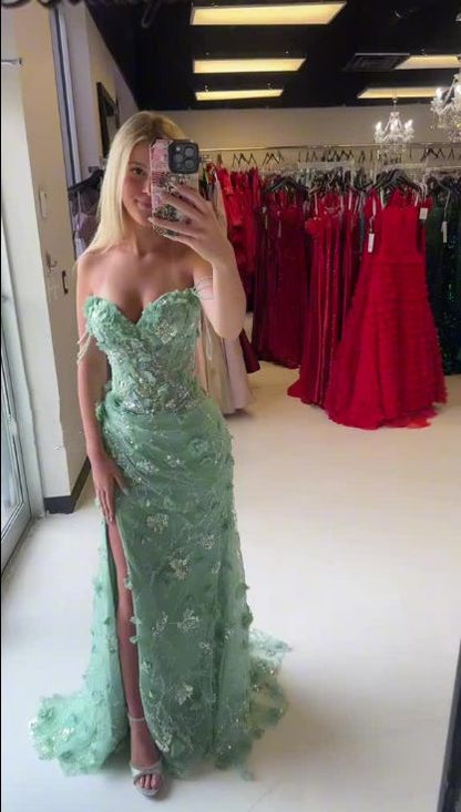 Spring Green Floral Prom Dresses Off The Shoulder Party Dress With Side Slit,AST2322