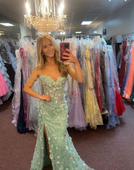 Spring Green Floral Prom Dresses Off The Shoulder Party Dress With Side Slit,AST2322