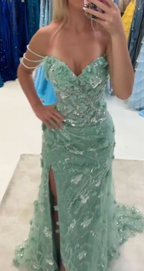 Spring Green Floral Prom Dresses Off The Shoulder Party Dress With Side Slit,AST2322