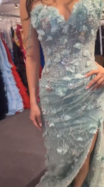 Spring Green Floral Prom Dresses Off The Shoulder Party Dress With Side Slit,AST2322