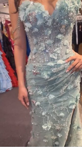 Spring Green Floral Prom Dresses Off The Shoulder Party Dress With Side Slit,AST2322