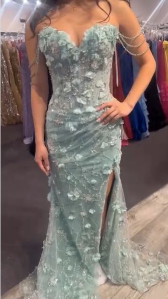 Spring Green Floral Prom Dresses Off The Shoulder Party Dress With Side Slit,AST2322