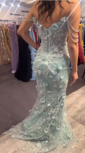 Spring Green Floral Prom Dresses Off The Shoulder Party Dress With Side Slit,AST2322