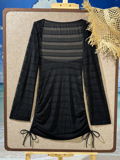Spring/Summer New Luminous Solid Black Textured Fabric High Elasticity Sexy Cut-Out Side Ruched Bodycon Slimming Black Party Travel Cruise Vacation Beach Wear Women's Romantic Vacation One-Piece Swims