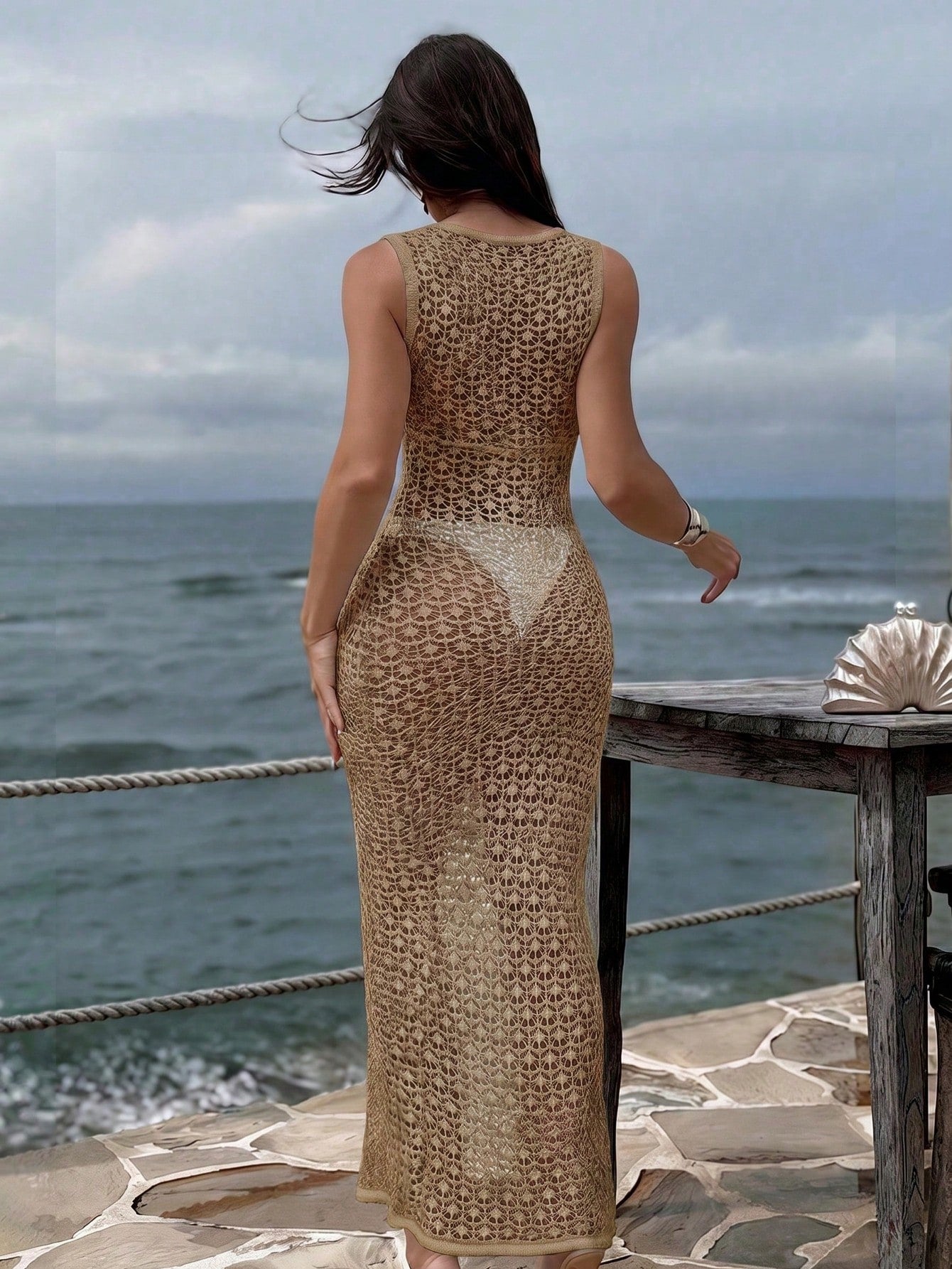 Spring/Summer New Women's Camel V-Neck Tie-Up Fitted Knit Maxi Dress, Y2K Bohemian Hollow Out Elegant Casual Beach Vacation Maxi Dress, Vacationcore