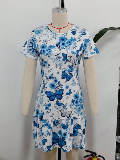 Spring/Summer Selected Versatile Bestseller New Style Butterfly & Floral Print Dress, Round Neck Short Sleeve Cinched Waist Slimming Cake Hem Midi Dress For Dating, Home, Vacation, Camping, Beach, Pho