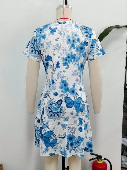 Spring/Summer Selected Versatile Bestseller New Style Butterfly & Floral Print Dress, Round Neck Short Sleeve Cinched Waist Slimming Cake Hem Midi Dress For Dating, Home, Vacation, Camping, Beach, Pho