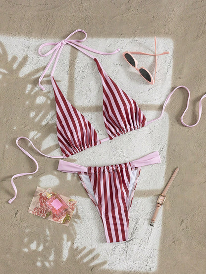 Spring Summer Women's Sexy Fashion Pink Striped Bikini Set Dot, Beach Polka Dot