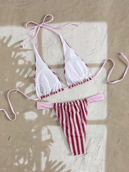 Spring Summer Women's Sexy Fashion Pink Striped Bikini Set Dot, Beach Polka Dot