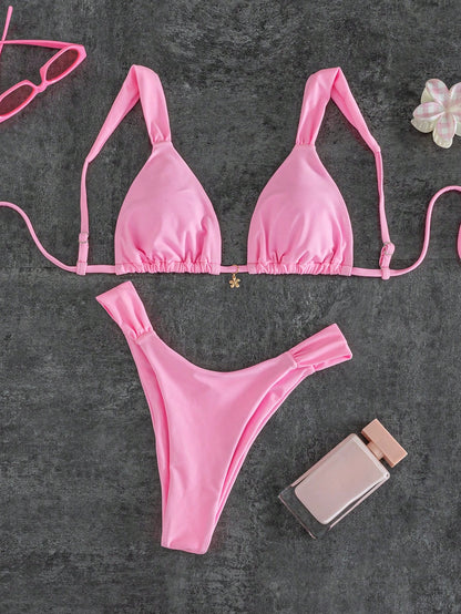 Spring Summer Women's Sexy Fashionable Pink Bikini With Floral Pendant, Elegant Casual Beach Vacation Outfit Suitable For Music Festivals, Beach Parties, Surfing And More, Made Of High Elastic Fabric