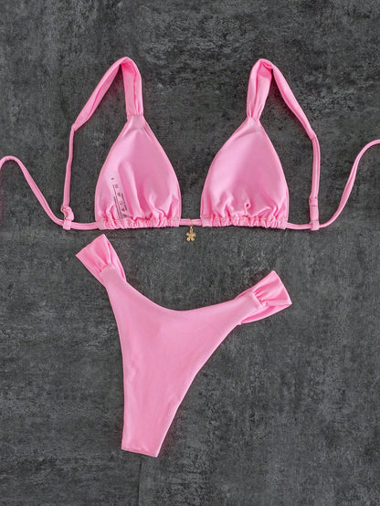 Spring Summer Women's Sexy Fashionable Pink Bikini With Floral Pendant, Elegant Casual Beach Vacation Outfit Suitable For Music Festivals, Beach Parties, Surfing And More, Made Of High Elastic Fabric