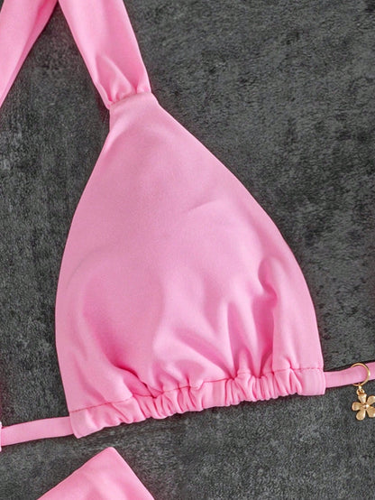 Spring Summer Women's Sexy Fashionable Pink Bikini With Floral Pendant, Elegant Casual Beach Vacation Outfit Suitable For Music Festivals, Beach Parties, Surfing And More, Made Of High Elastic Fabric