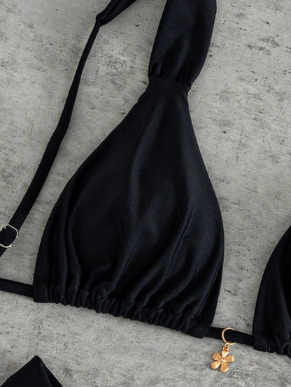 Spring/Summer Women's Sexy Yellow Bikini With Floral Pendant, Elegant Casual Beach Vacation Outfit., Backless Two Pieces Swimwear Set Black
