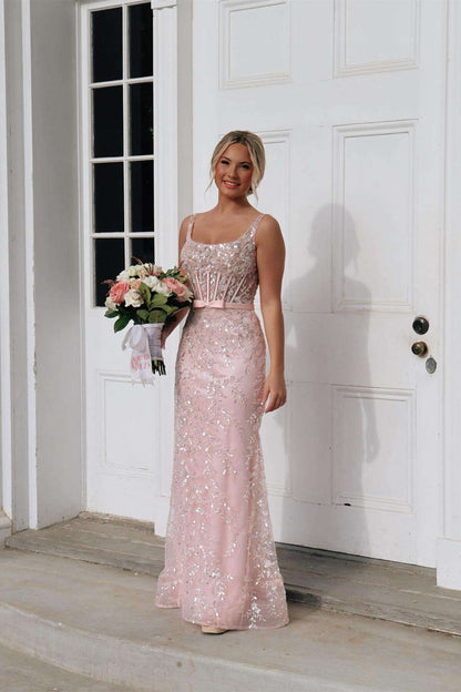 Square Neck Pink Appliques Tulle Fitted Prom Dress