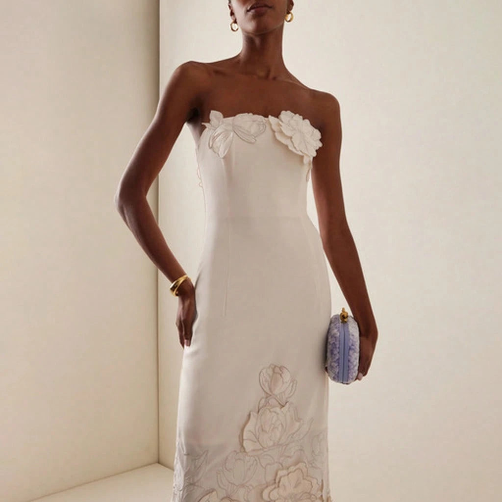 Square Strap Fuzzy Fringe A Line Midi Dress Swing Fit Bridal Shower Cocktail Party Outfit