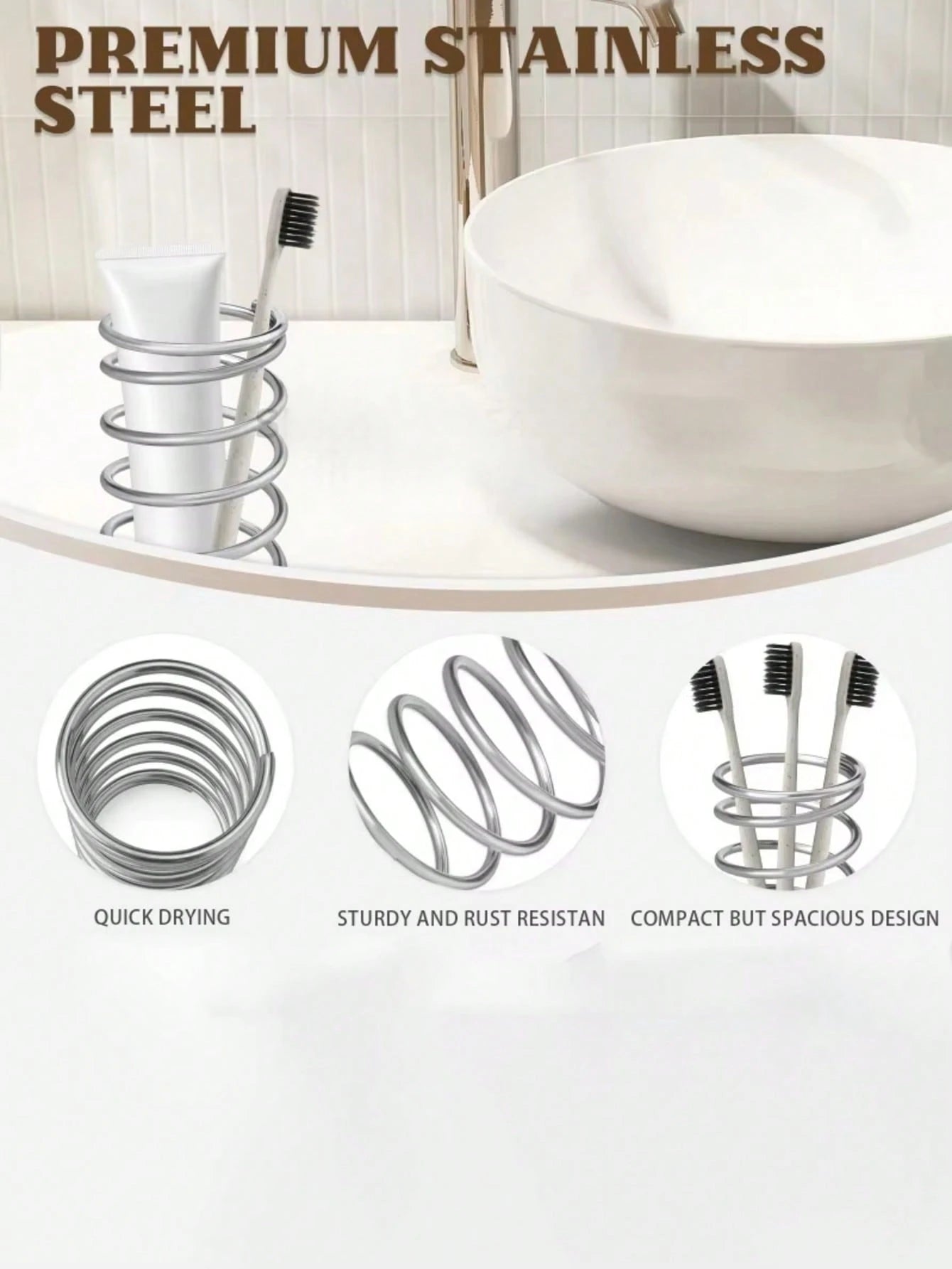 Stainless Steel Toothbrush Holder, Metal Bathroom Accessories, Toothpaste & Makeup Brush Storage Rack, Home Decor