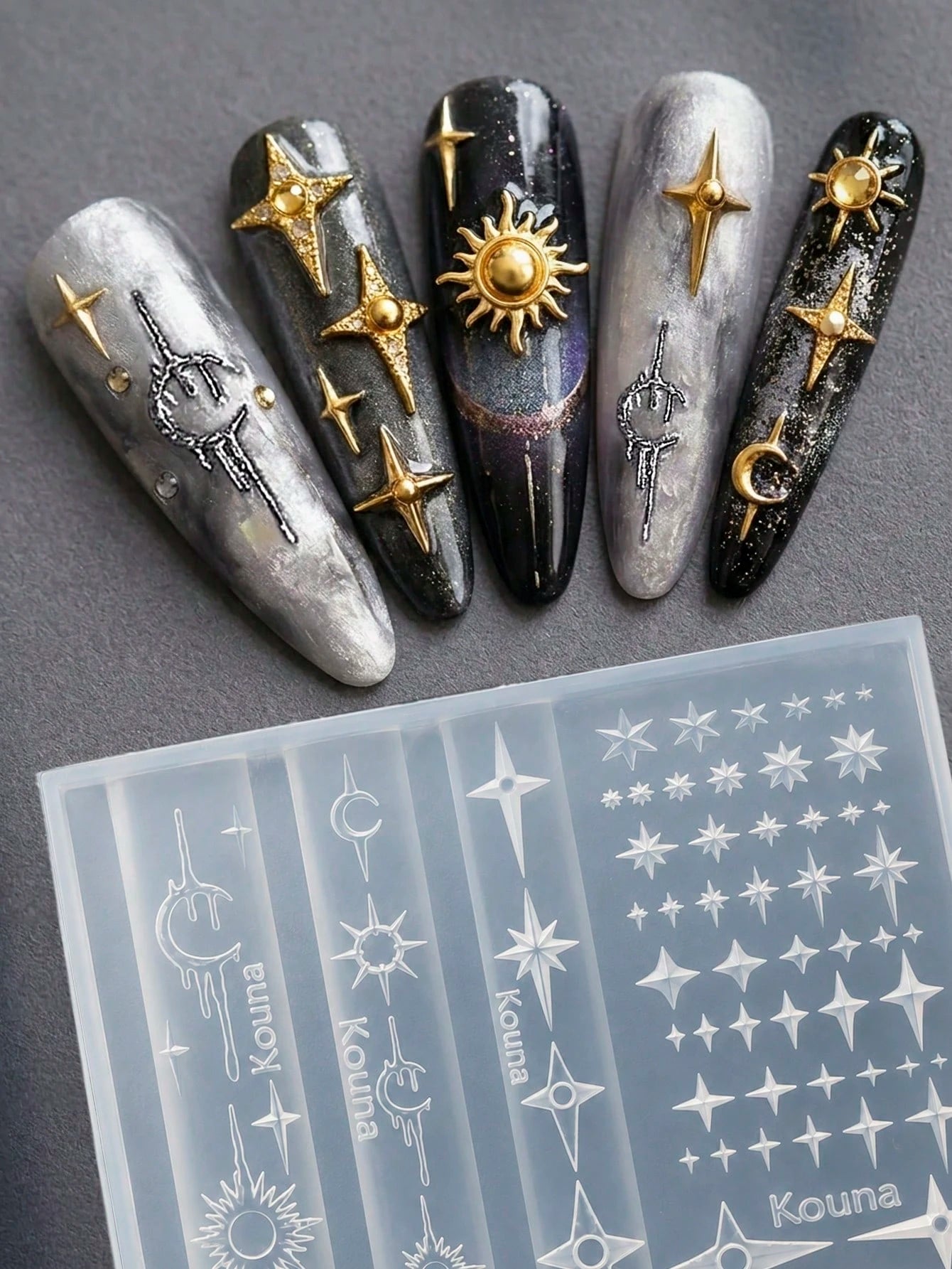 Star Moon & Star Nail Art Silicone Mold, Includes Crescent Moon, Sun Star, Four-Pointed Star, Multi-Size Stars, Dark Hot Girl Style Nail DIY Carving Silicone Mold, Zero Damage Demolding, Delicate 3D T