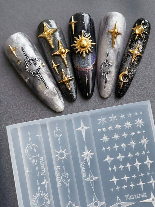 Star Moon & Star Nail Art Silicone Mold, Includes Crescent Moon, Sun Star, Four-Pointed Star, Multi-Size Stars, Dark Hot Girl Style Nail DIY Carving Silicone Mold, Zero Damage Demolding, Delicate 3D T