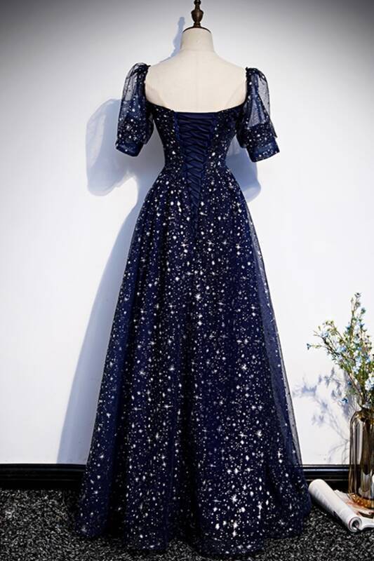Starry Navy Blue A-line Long Prom Dress