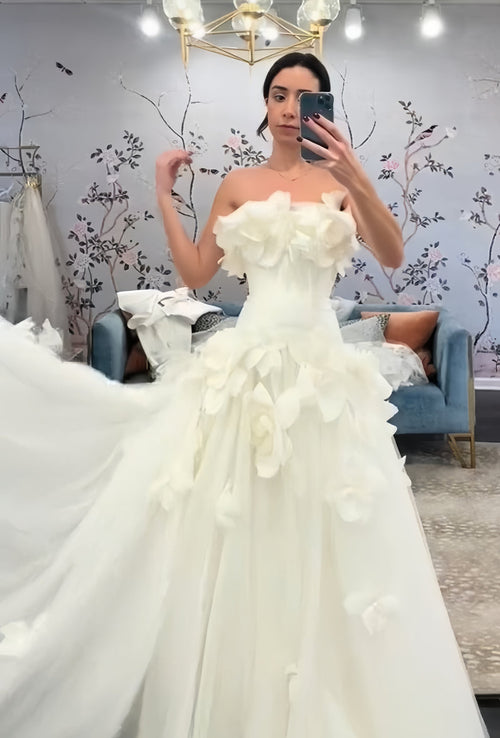 Strapless 3D Floral Wedding Dresses Tulle A-line Bridal Dress, AST1924