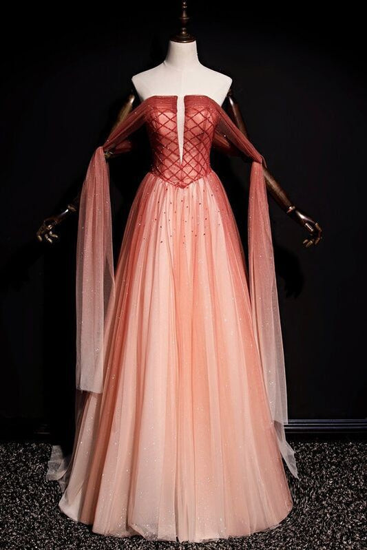 Strapless Beaded Red Long Evening Gown