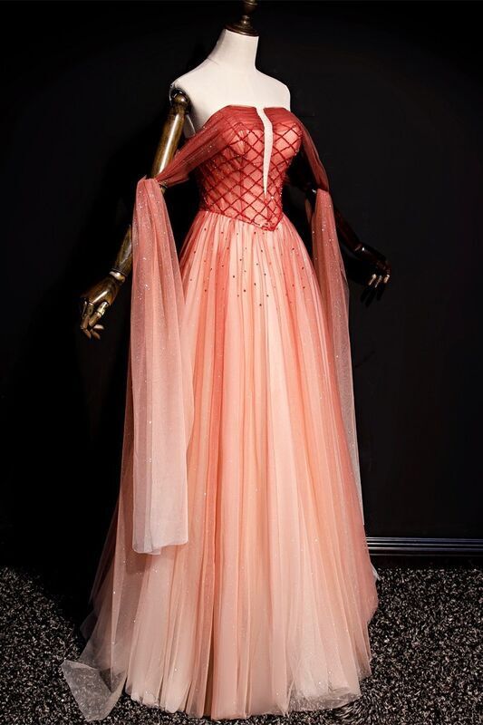 Strapless Beaded Red Long Evening Gown