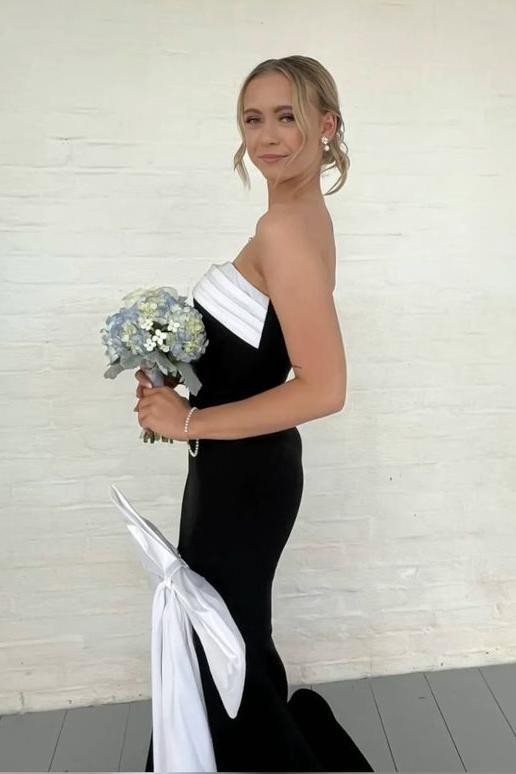 Strapless Black Mermaid Long Formal Dress with Pink Bow