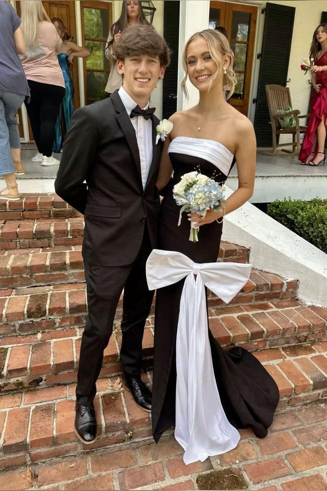 Strapless Black Mermaid Long Formal Dress with Pink Bow
