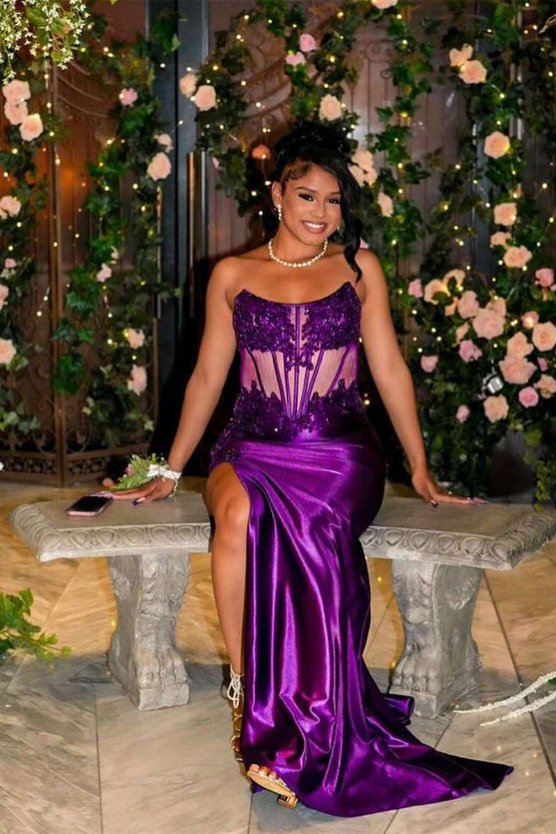 Strapless Black Sheer Appliques Fitted Long Evening Dress