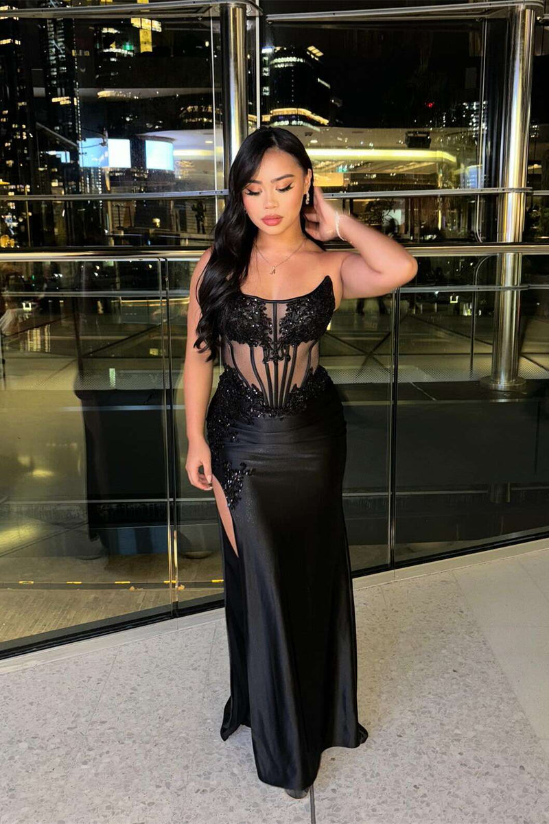 Strapless Black Sheer Appliques Fitted Long Evening Dress