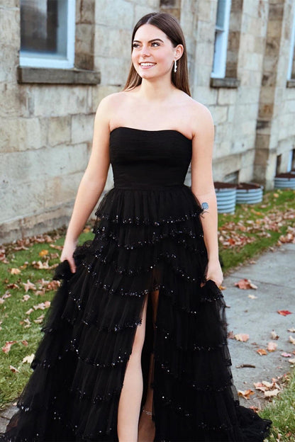 Strapless Black Tulle Tiered Prom Gown