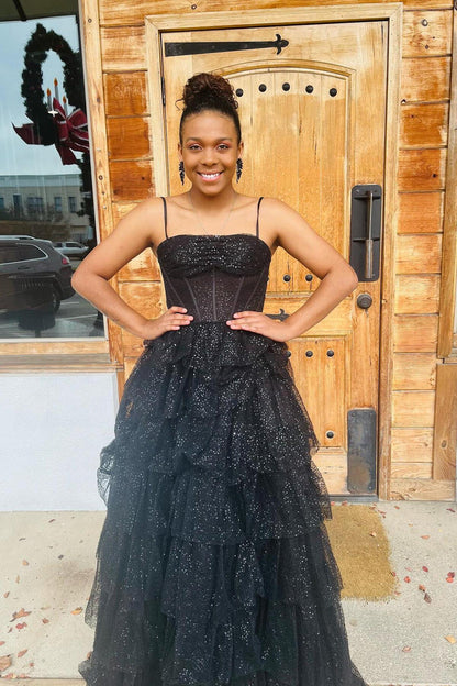 Strapless Black Tulle Tiered Ruffle Dress