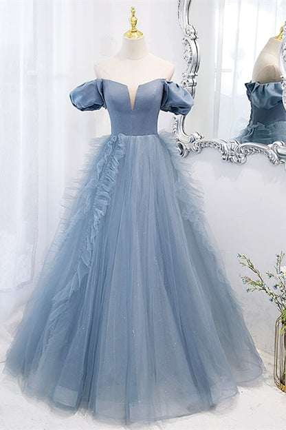 Strapless Blue A-line Long prom Gown